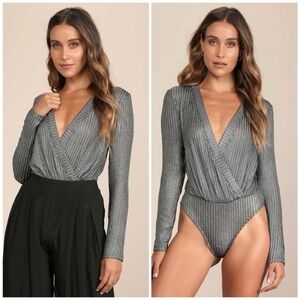 NWT Lulus Do the Disco Silver metallic long sleeve bodysuit